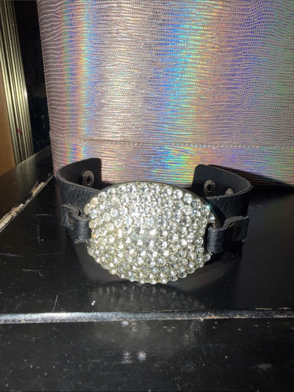 Black Leather Bracelet with Crystal Pavé Accent